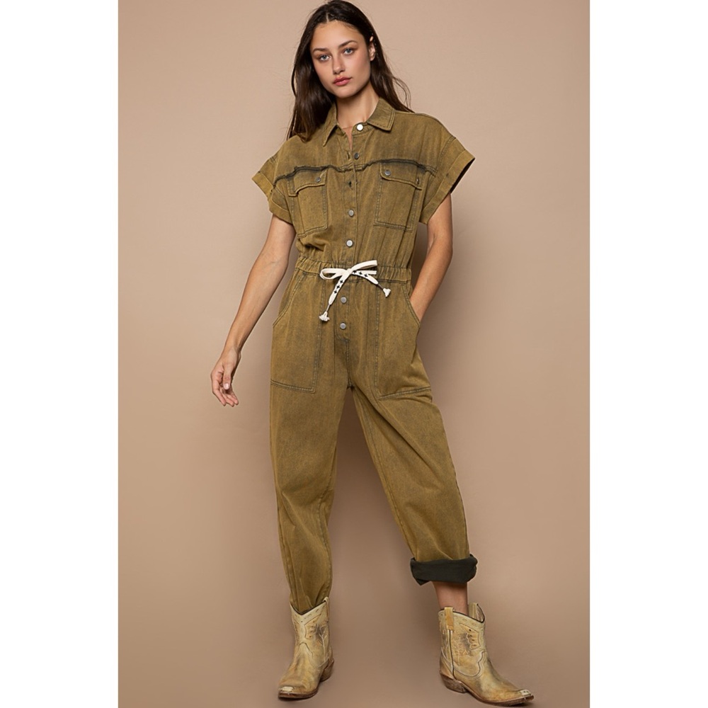 POL Olive Mineral Washed Button Front Adjustable Waist Denim Jumpsuit - Picture 7 of 8